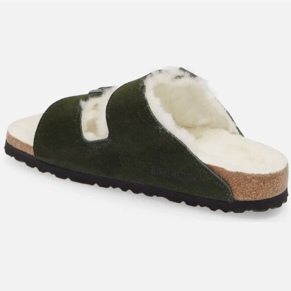 NEW  Birkenstock Arizona Shearling Sandal Suede Lambswool Mountain View Green - Picture 6 of 16